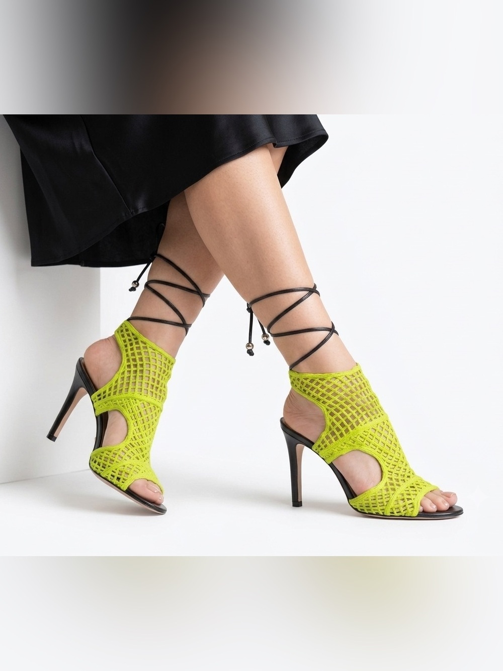 Vicenza Neon Lime Green Caged Mesh Lace Up Stiletto Heel Sandals Sz 7